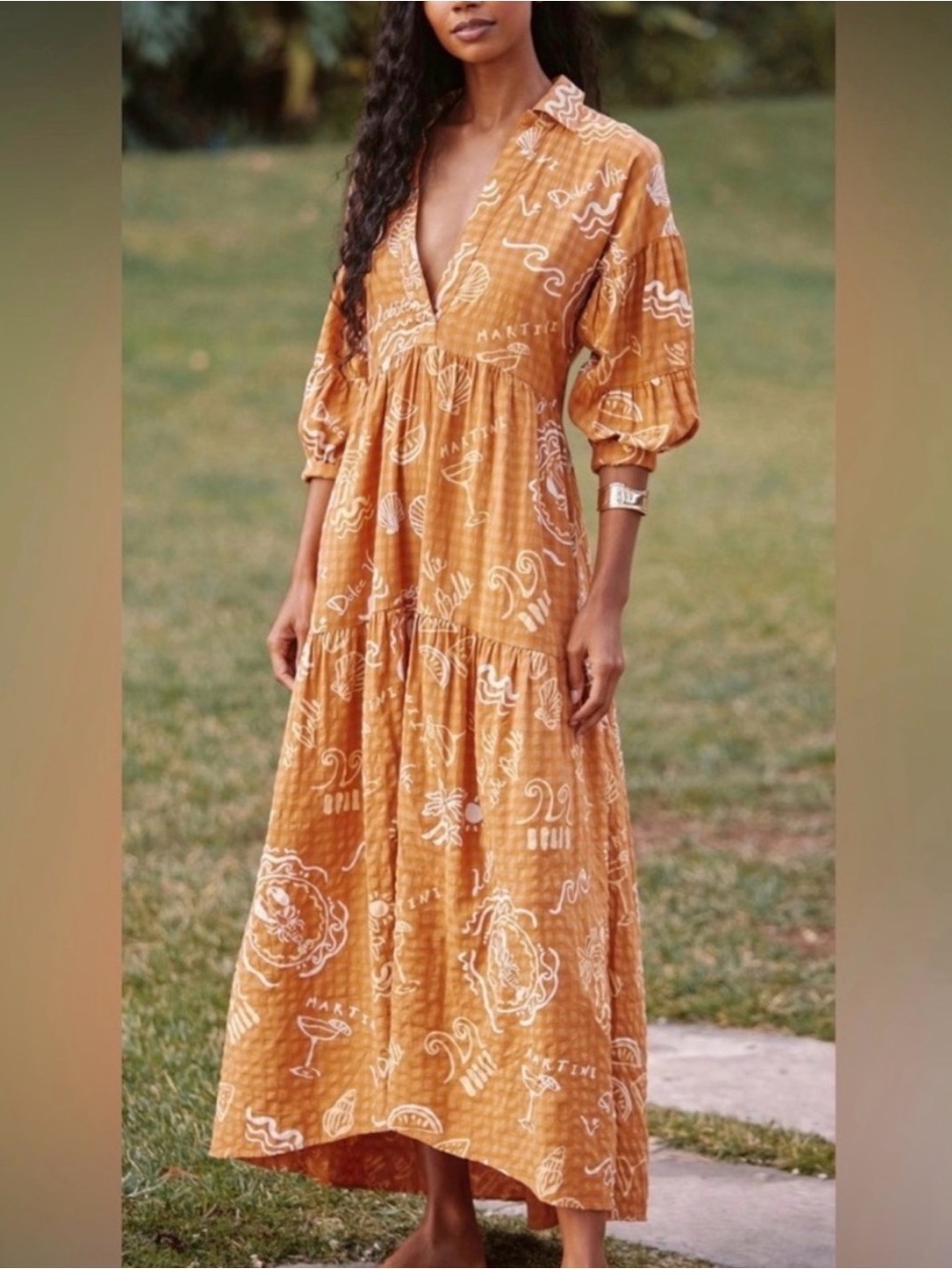 Anthropologie Carolita Printed Tiered Maxi Shirt Dress Small Beach Ocean Theme